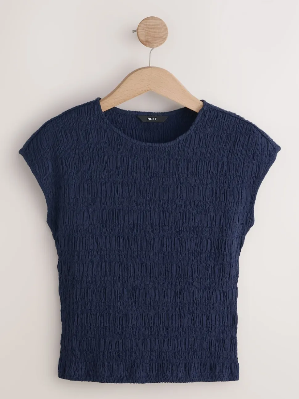 Navy Blue Short Sleeve Shirred Textured Crew Neck Top