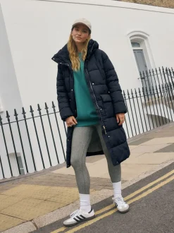 Navy Blue Shower Resistant Padded Hooded Longline Coat