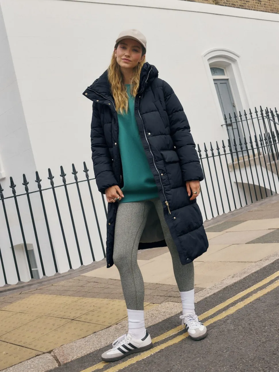 Navy Blue Shower Resistant Padded Hooded Longline Coat