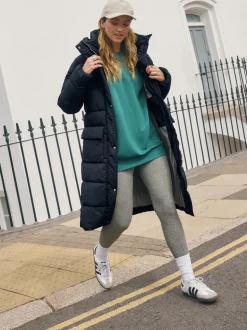Navy Blue Shower Resistant Padded Hooded Longline Coat
