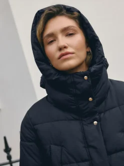 Navy Blue Shower Resistant Padded Hooded Longline Coat