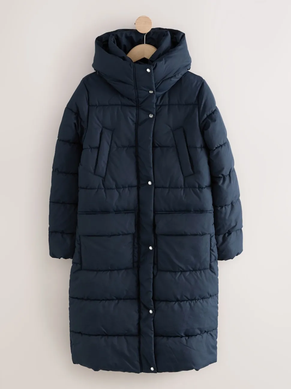 Navy Blue Shower Resistant Padded Hooded Longline Coat