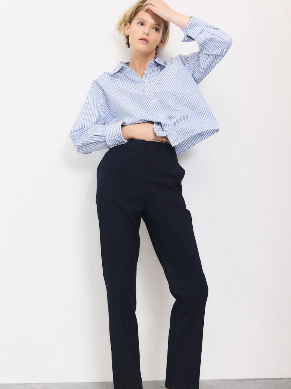 Navy Blue Slim Tailored Trousers With Wool