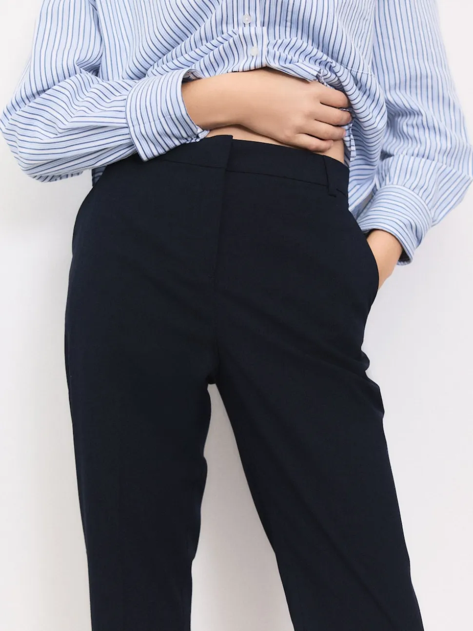 Navy Blue Slim Tailored Trousers With Wool