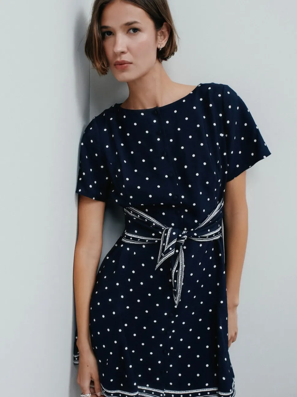 Navy Blue Spot Tie Waist Mini Dress