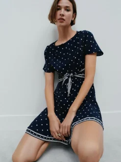 Navy Blue Spot Tie Waist Mini Dress