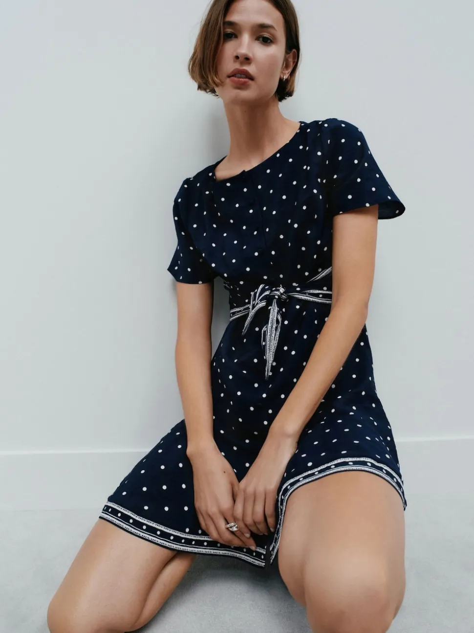 Navy Blue Spot Tie Waist Mini Dress