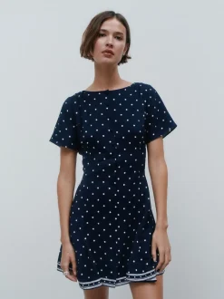 Navy Blue Spot Tie Waist Mini Dress