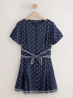 Navy Blue Spot Tie Waist Mini Dress