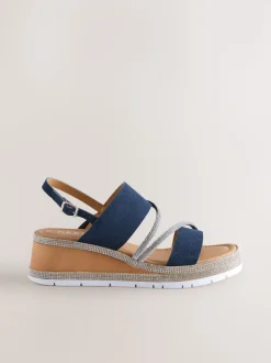 Navy Blue Standard/Wide Fit Leather Bling Detail Slingback Sports Wedge Sandals