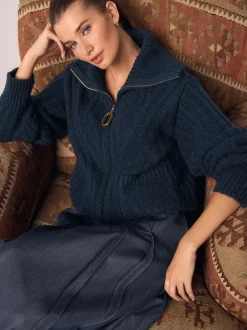 Navy Blue Stitchy Knitted Zip Up Collar Cardigan
