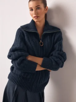Navy Blue Stitchy Knitted Zip Up Collar Cardigan