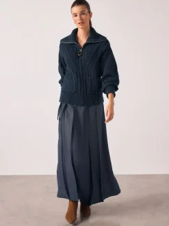 Navy Blue Stitchy Knitted Zip Up Collar Cardigan