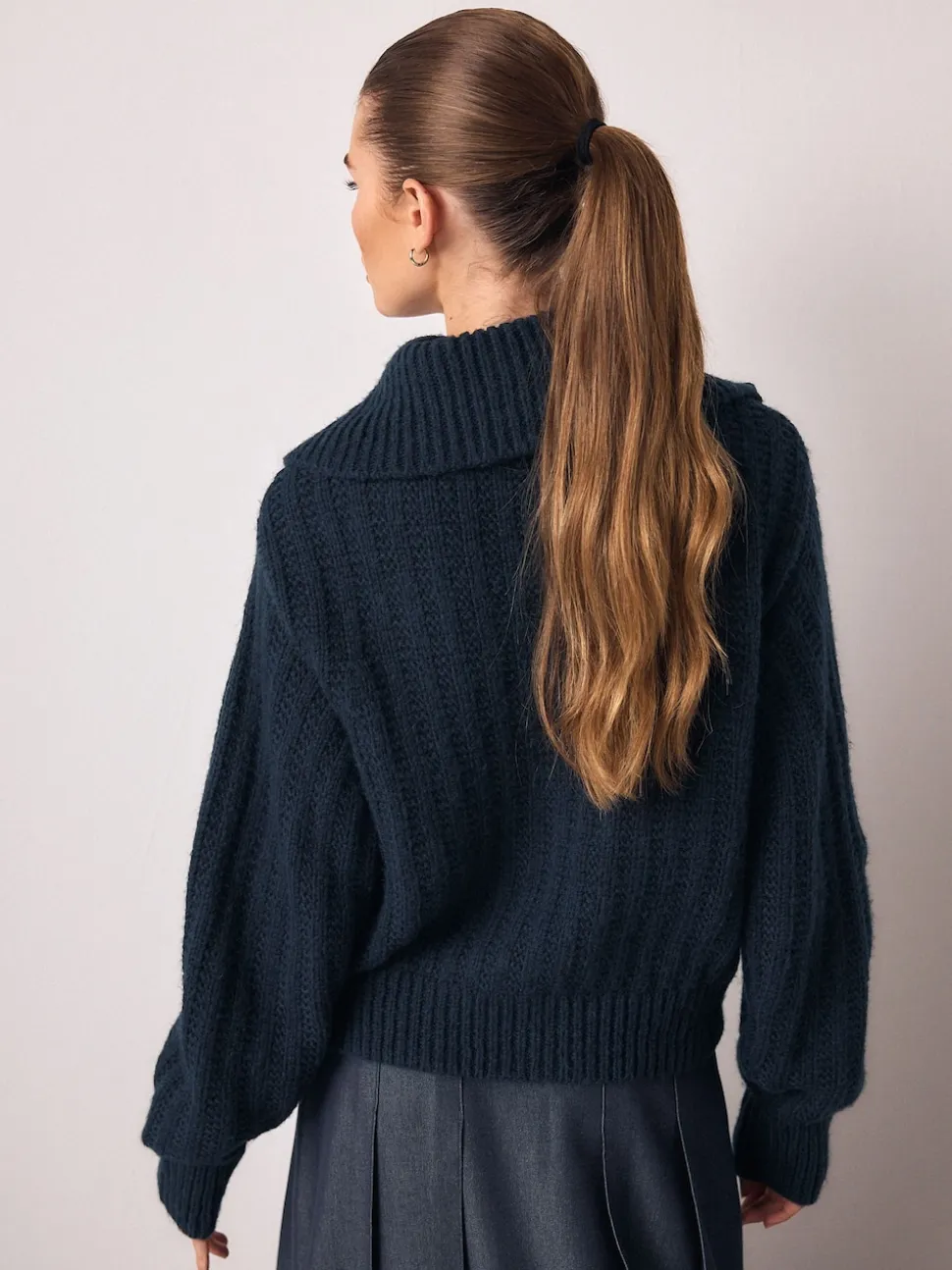 Navy Blue Stitchy Knitted Zip Up Collar Cardigan
