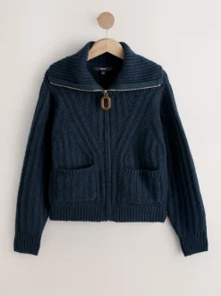 Navy Blue Stitchy Knitted Zip Up Collar Cardigan
