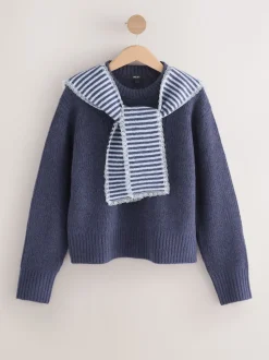 Navy Blue Stripe Scarf Layer Lace Trim Knitted Jumper