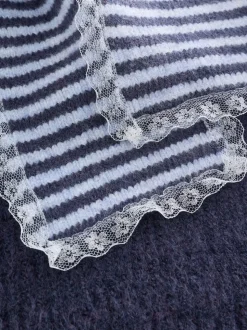 Navy Blue Stripe Scarf Layer Lace Trim Knitted Jumper