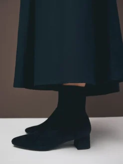Navy Blue Suede Motionflex Block Heeled Sock Boots