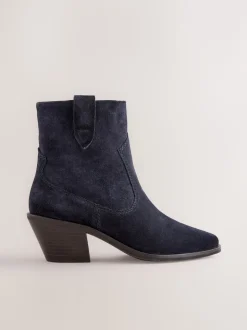 Navy Blue Suede Standard/Wide Fit Cowboy Block Heel Ankle Boots