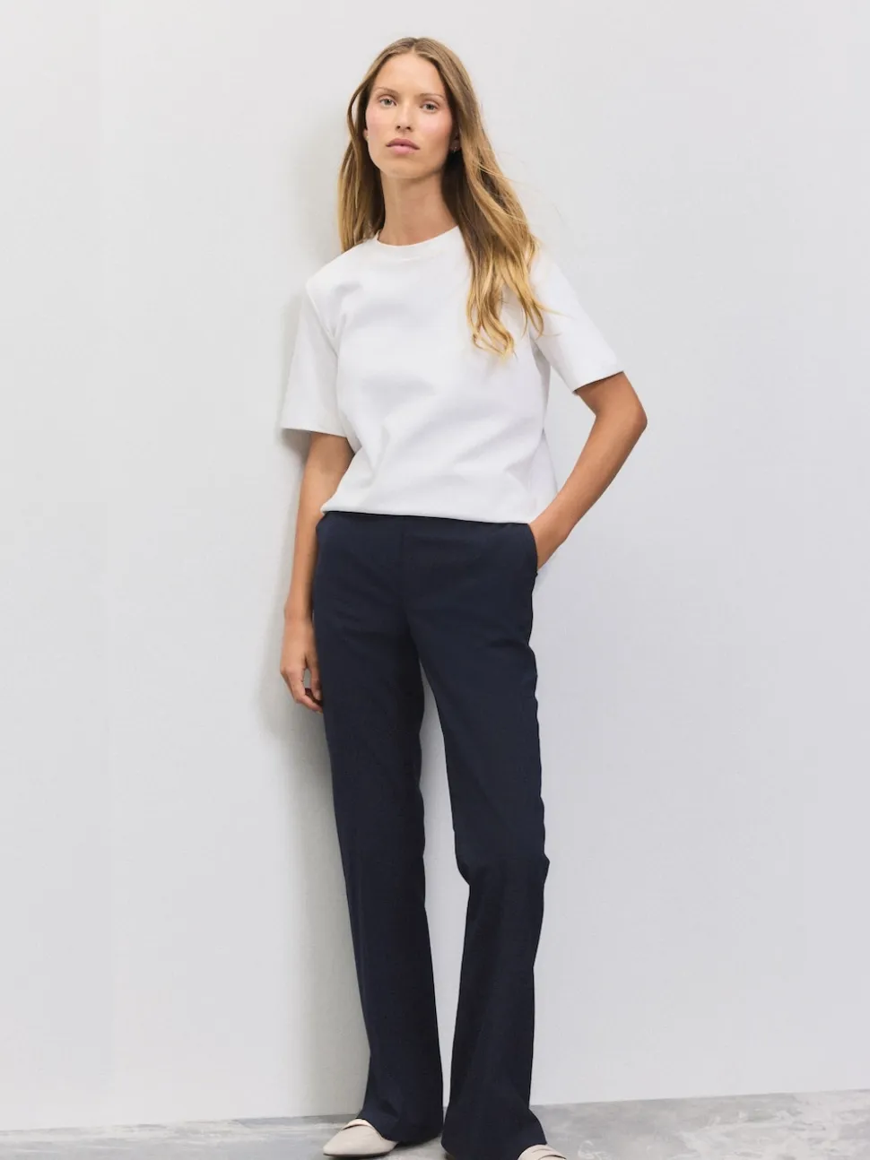Navy Blue Tailored Bootcut Trousers With Wool