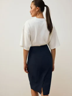 Navy Blue Tailored Pencil Skirt With Wool
