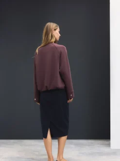 Navy Blue Tailored Pencil Skirt With Wool