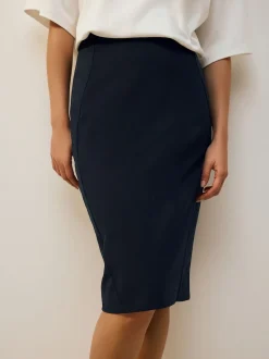 Navy Blue Tailored Pencil Skirt With Wool