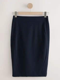 Navy Blue Tailored Pencil Skirt With Wool