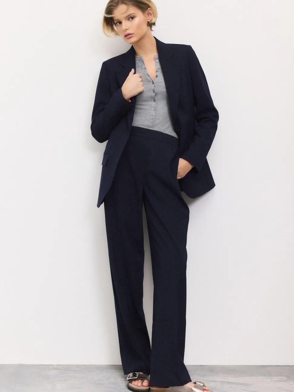 Navy Blue Tailored Single Breasted Blazer With Wool