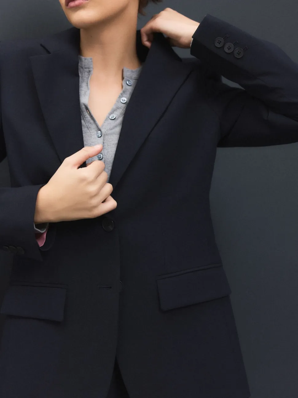 Navy Blue Tailored Single Breasted Blazer With Wool