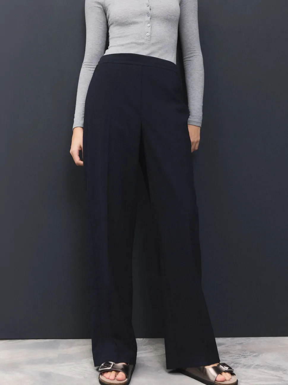 Navy Blue Tailored Wide Leg Trousers With Wool