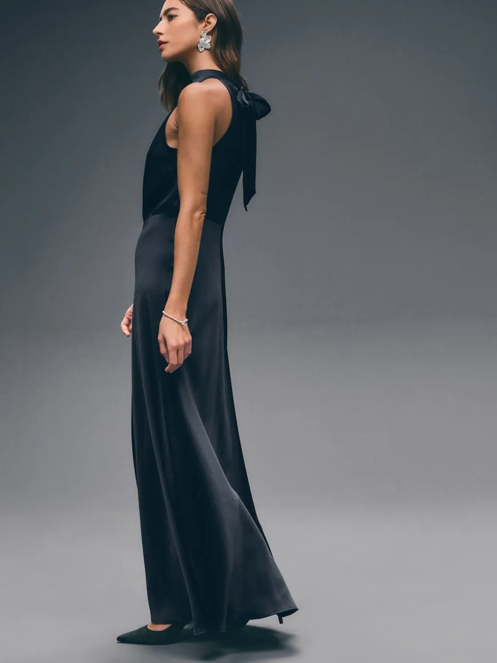 Navy Blue Textured Satin Halter Sleeveless Midi Dress