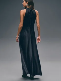 Navy Blue Textured Satin Halter Sleeveless Midi Dress