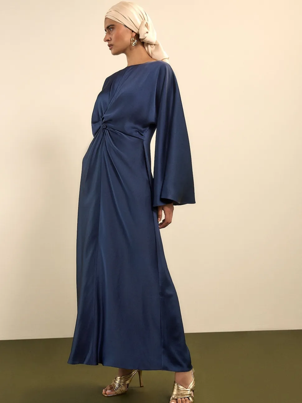 Navy Blue Twist Front Long Sleeve Satin Maxi Dress