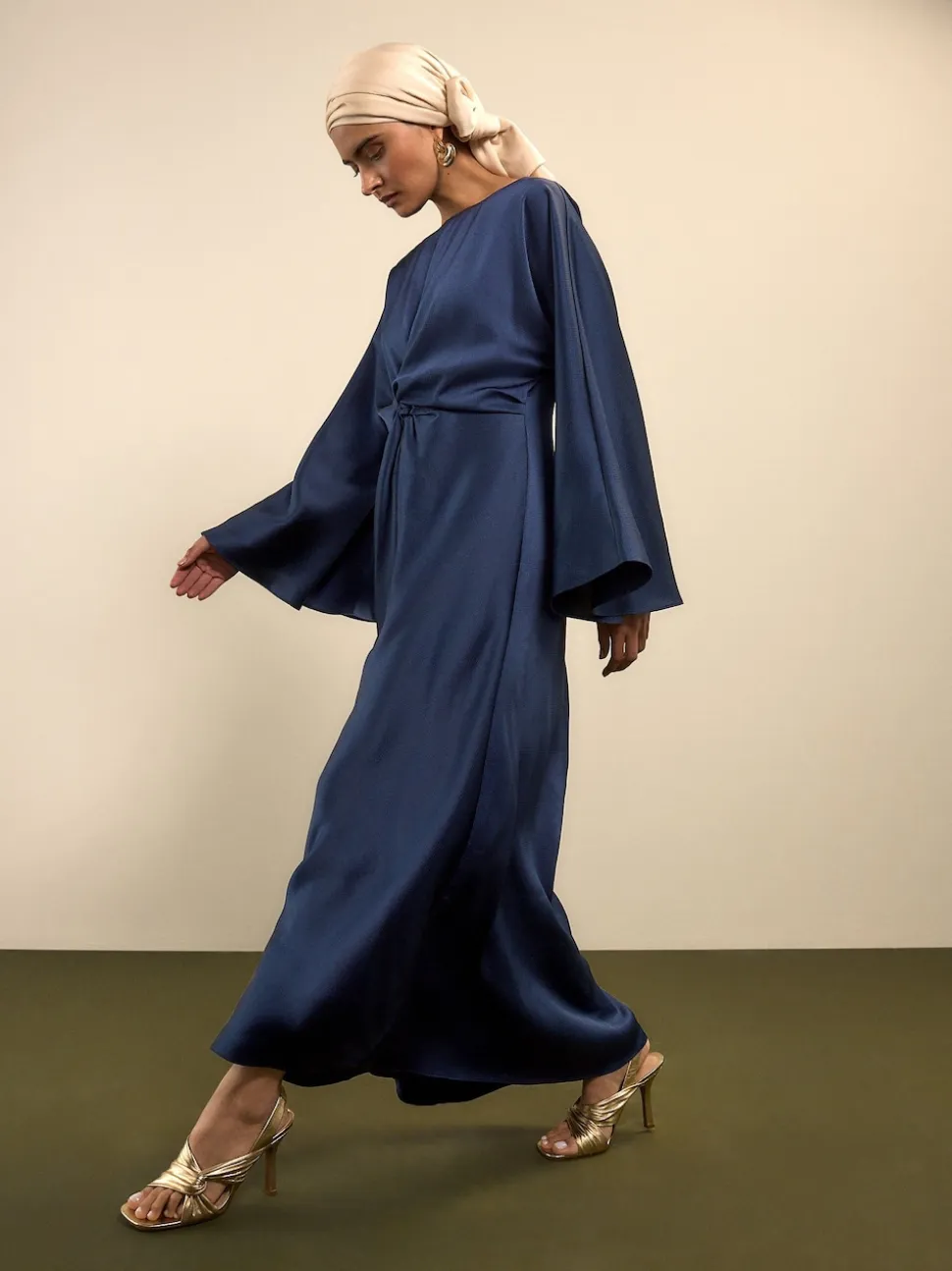 Navy Blue Twist Front Long Sleeve Satin Maxi Dress
