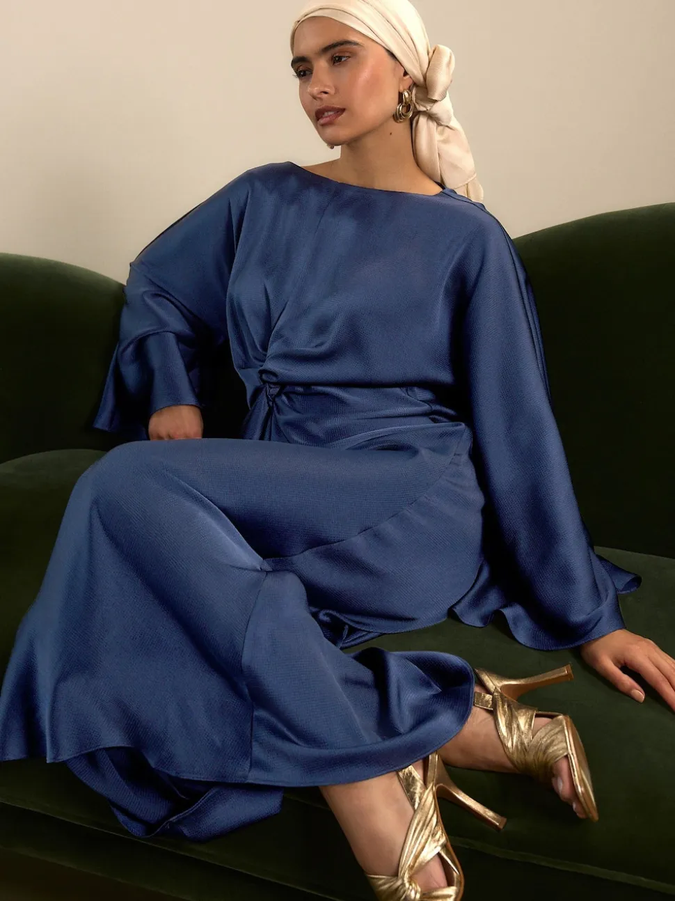 Navy Blue Twist Front Long Sleeve Satin Maxi Dress