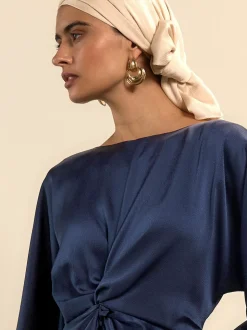 Navy Blue Twist Front Long Sleeve Satin Maxi Dress