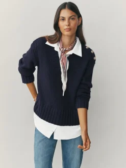 Navy Blue V-Neck Knitted Shirt Layer Look Jumper
