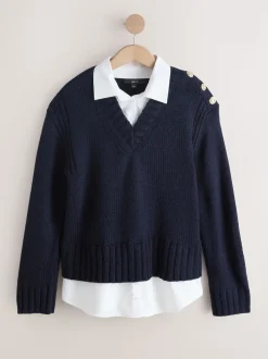 Navy Blue V-Neck Knitted Shirt Layer Look Jumper