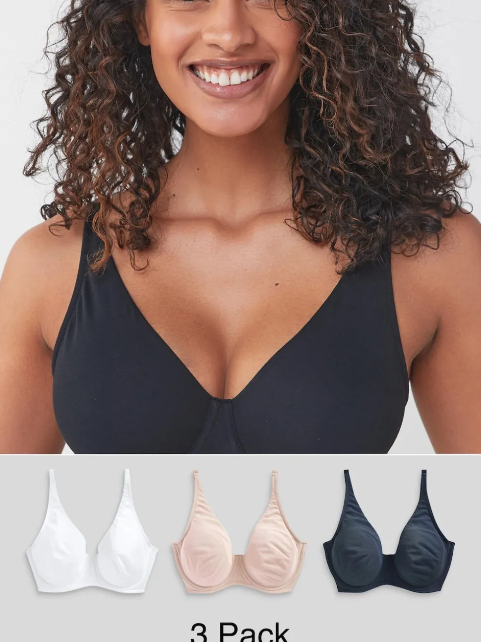 Navy Blue/Pink/White Non Pad Full Cup DD+ Cotton Blend Ultimate Comfort Bras 3 Pack