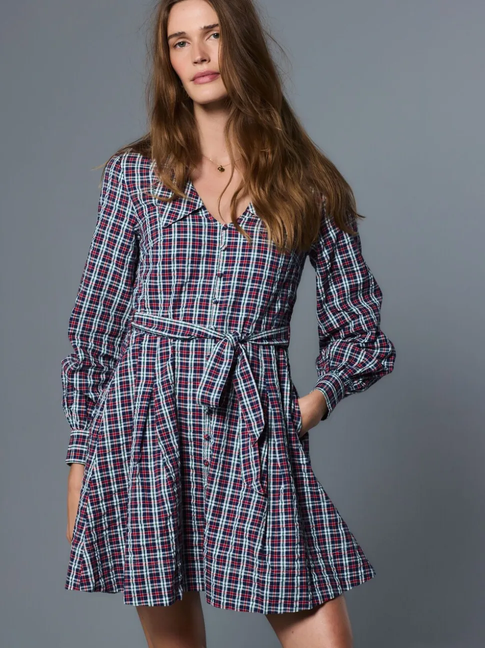 Navy Blue/Red Check Mini Long Sleeve Collared Shirt Dress