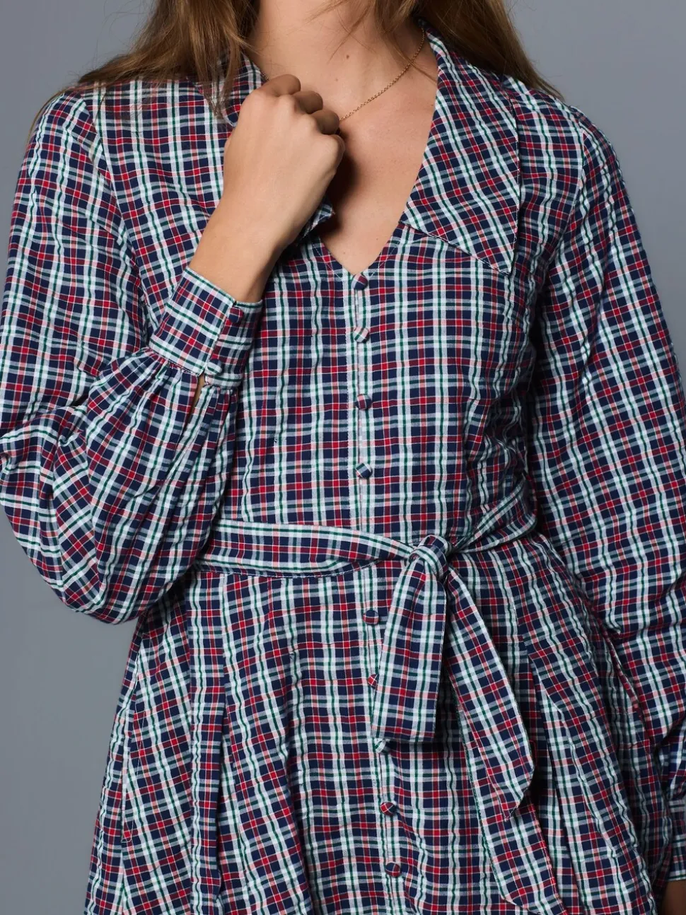 Navy Blue/Red Check Mini Long Sleeve Collared Shirt Dress