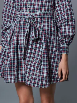 Navy Blue/Red Check Mini Long Sleeve Collared Shirt Dress