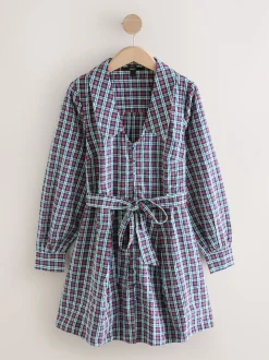 Navy Blue/Red Check Mini Long Sleeve Collared Shirt Dress