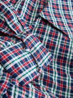 Navy Blue/Red Check Mini Long Sleeve Collared Shirt Dress