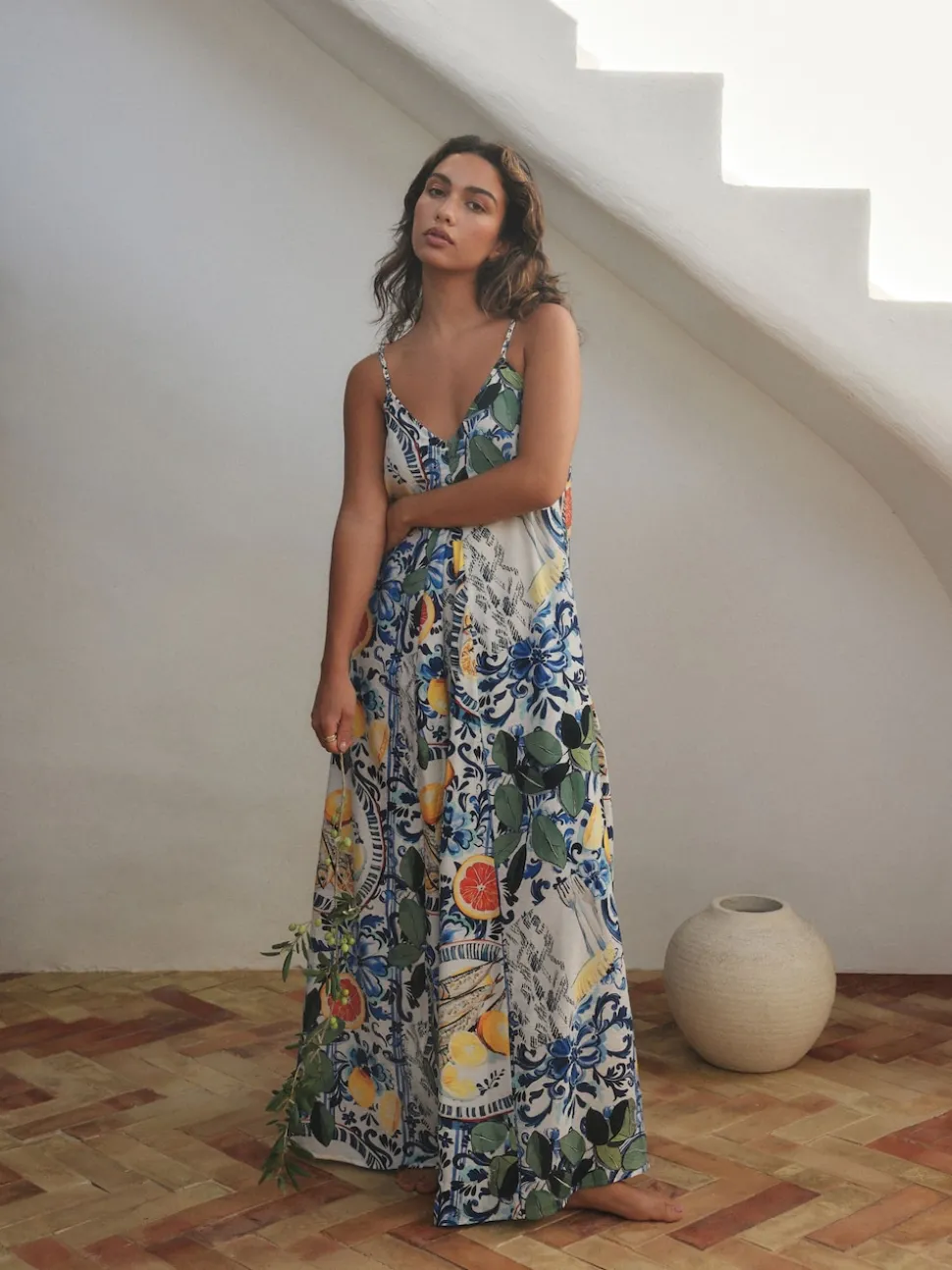 Navy Blue/White Sardine Print Fruit Print Volume Maxi Dress