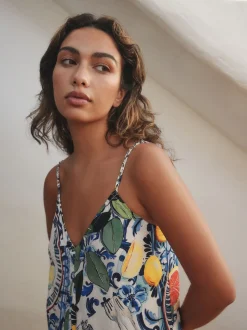 Navy Blue/White Sardine Print Fruit Print Volume Maxi Dress