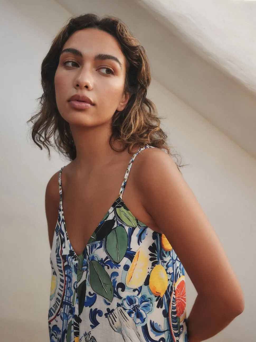 Navy Blue/White Sardine Print Fruit Print Volume Maxi Dress