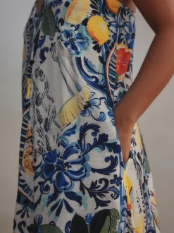 Navy Blue/White Sardine Print Fruit Print Volume Maxi Dress