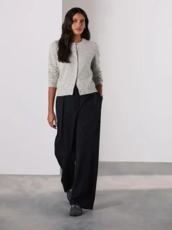 Navy Elastic Back Wide Leg Trousers With Wool